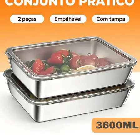 Kit2 Conjunto De Recipientes De Armazenamento De Inox 3600ml Prateado-2600ml-2pcs