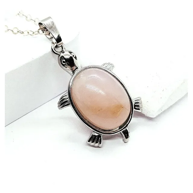 Colgante Cuarzo Rosa Natural Tortuga Cadena Plata 925 