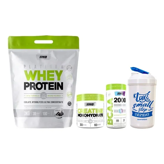 Whey Protein Star Nutrition 3kg + Creatina + Bcaa 2000+vaso
