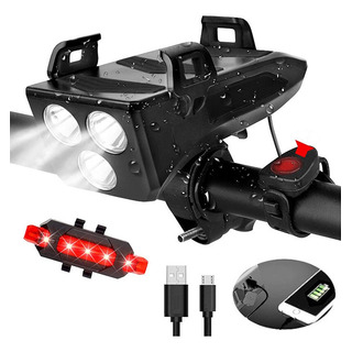 Luces Bicicleta Led Recargable Usb Con Luz Trasera Y Claxon Luces Bicicleta Led Recargable Usb Con Luz Trasera Y Claxon