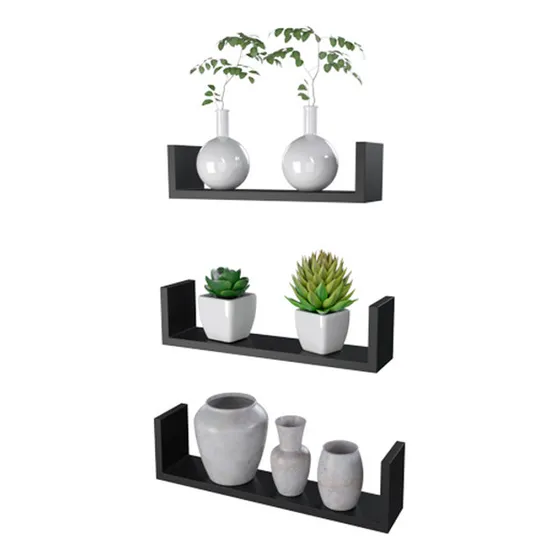 Estante Flotante Madera Repisa En U Mdf Decorativo Set X3 Color Negro