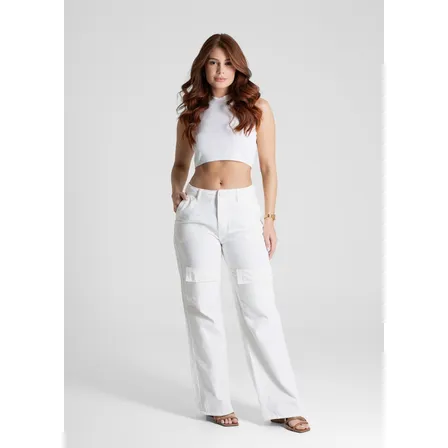 Pantalona Sawary Feminino Algodão Calca Sarja Wide Leg_28070 Off White Liso 42