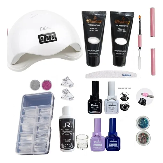 Kit Polygel, Lámpara, Molde, Base, Top Esmalte, Decoraciones