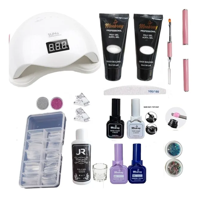 Kit Polygel, Lámpara, Molde, Base, Top Esmalte, Decoraciones