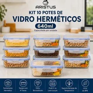 Aristus Kit 10 Potes Vidro Hermético Aristus 640ml Marmita Anti Vazam
