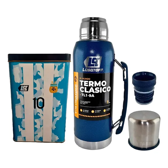 Termo 1 Lt Acero Inoxidable Lusqtoff  Color Azul + Yerbera 