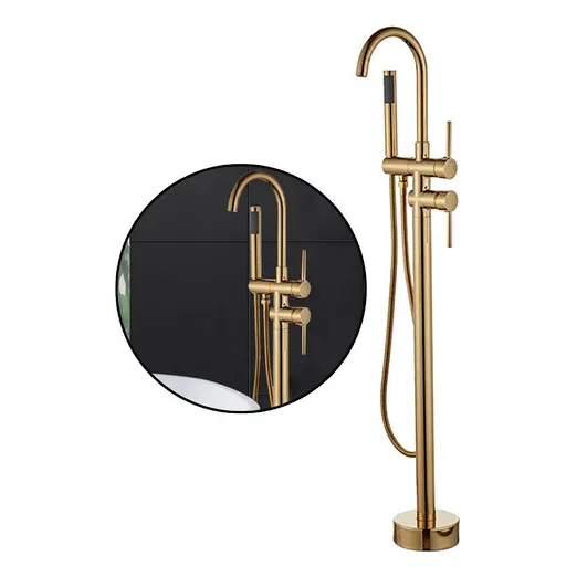 Solan Grifo Independiente de Bañera Solana Modelo Benue Dorado Cuello de Cisne Montado Sobre Suelo De 101 cm Regadera de Mano y Sistema Agua Fría y Caliente Acero Inoxidable 304