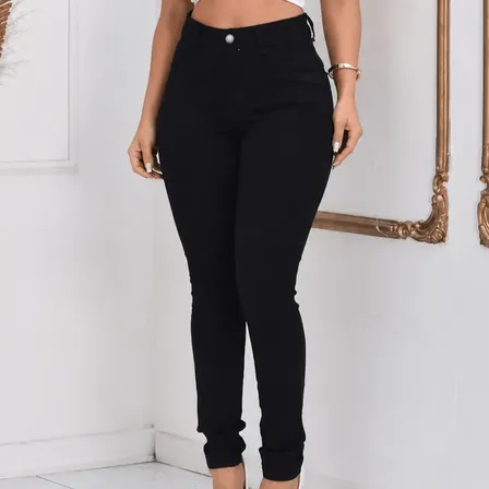 Calça Jeans Feminina Preta Skiny Cintura Alta Levanta Bumbum