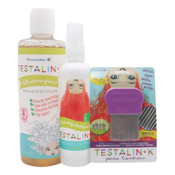 Kit Elimina Piojos, Shampoo, Lendrera, Repelente, Testalin-k