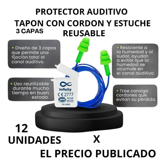 Protector Auditivo Reusable Con Cuerda Y Estuche X Docena