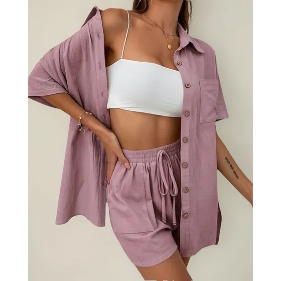 Conjunto Lino Camisa Short Set 2 Piezas Mujer Dama Verano Ya