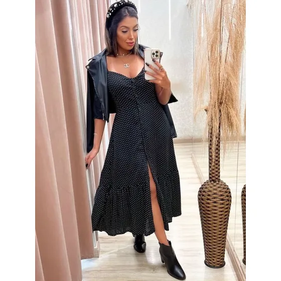 Vestido Midi Botão Luxo Com Elastex E Regulagem Na Alça
