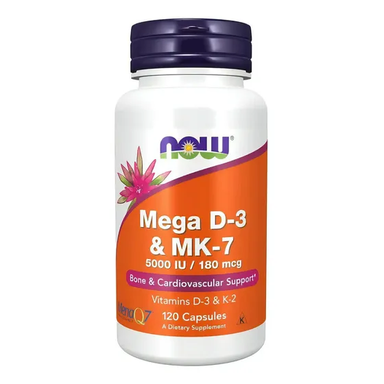 Vitamina Mega D3 5.000 UI y K2 Mk7 180 mcg 120 cápsulas Now Foods | Cuotas sin interés