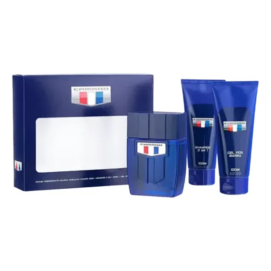 Kit Perfume Masculino Colônia Camaro Blue 100ml Gel Pós Barba 100ml Shampoo 100ml Água De Cheiro