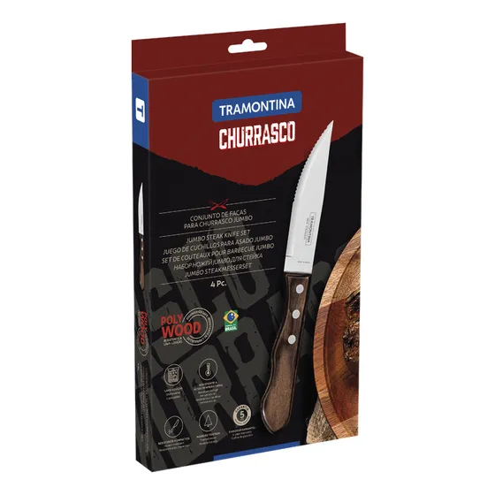 Juego de Cuchillos para Asado Jumbo Tramontina de Acero Inoxidable y Mango Castaño Polywood, 4 piezas.