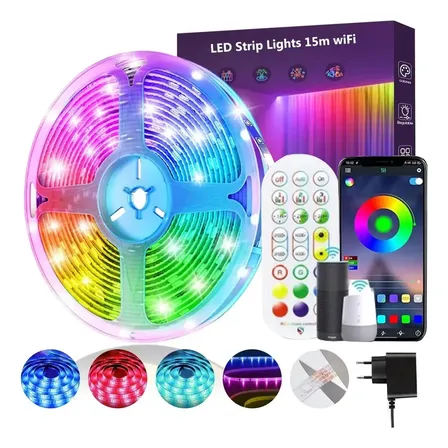 Fita Led 15m Wifi Rgb Inteligente+controle Compatível Alexa Adequada Para Quarto Presentes Festas E Decoração Diy 110-220v
