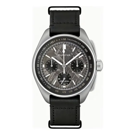 Relógio de edição limitada Bulova Lunar Pilot Meteorite 96a312, pulseira preta, moldura prateada, fundo cinza escuro
