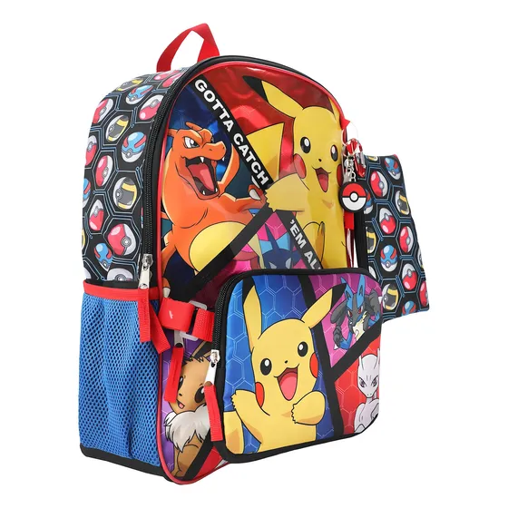 Pokemon Mochila Conjunto Estuchera Lonchera Nintendo Bioworld Color Rojo Diseño De La Tela Rayado
