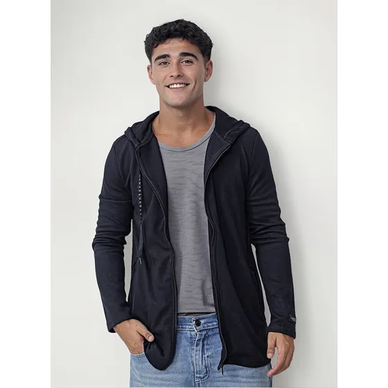 Campera Buzo Confort Negro Lisa Con Capucha Rustica