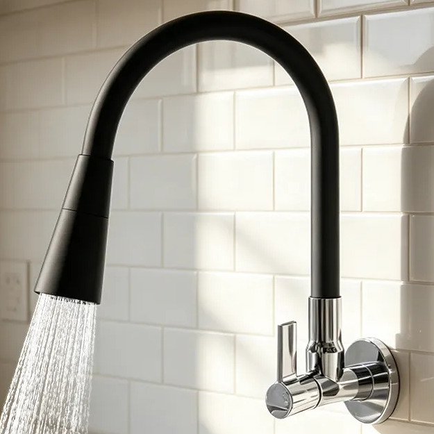 Torneira gourmet de parede com haste flexível na cor preta brilhante, com água saindo do bocal em jato spray, instalada em parede de azulejos brancos