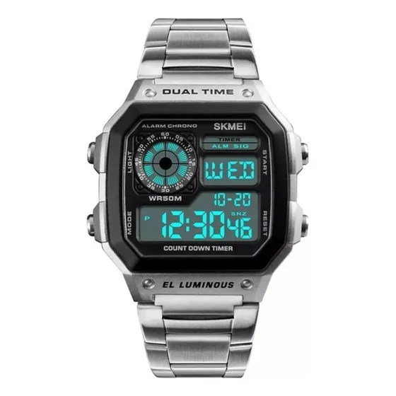 Reloj pulsera digital Skmei 1335 con correa de acero inoxidable color plateado - fondo negro