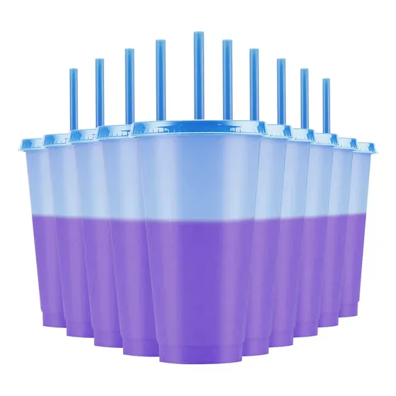 Vasos Magicos Cambian De Color Con Tapa Y Popote 700ml 10pzs Color Blue Purple Marca TIANYU