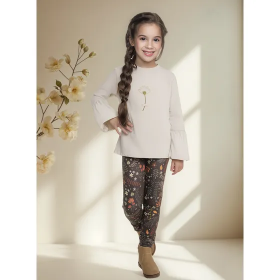 Conjunto Menina Blusa Cru Flor Bordada E Legging Sublimada