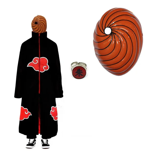 Kit Capa Akatsuki + Máscara Tobi + Anel Naruto Cosplay Manto