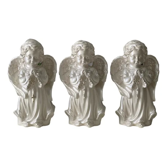 Kit 3 Anjo Rezando 20 Cm Branco Perolado Gesso Escultura