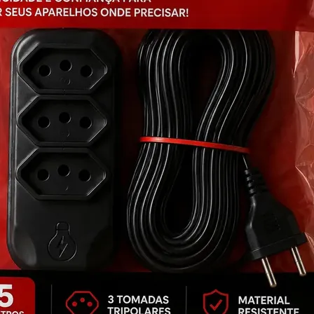Extensão Elétrica 5 Metros Preta Filtro De Linha 3 Tomadas Energia Bivolt Tripolar Compacta Bestcon
