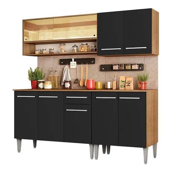 Cozinha Madesa Emilly Dance Balcão E Armário Vidro Reflex Cor Rustic/Preto