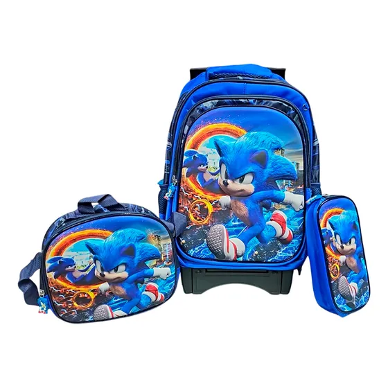 Kit X3 Maleta Ruedas Sonic Grande + Lonchera + Cartuchera
