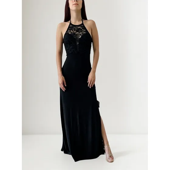 Vestido Largo Brillo Encaje Tajo Importado Fiesta Noche Sexy