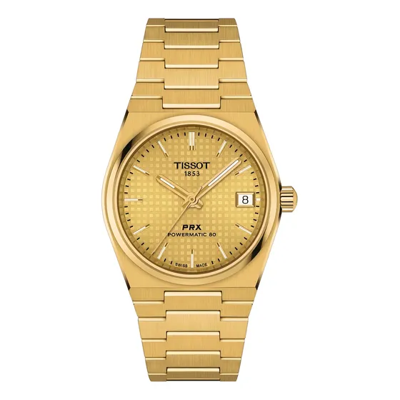Reloj Tissot Prx Powermatic 80 T137.207.33.021.00, 35 mm, correa de 35 mm, color de bisel dorado, color de fondo dorado