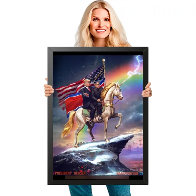 Quadro Donald Trump & Kim Jong-um Montados Em Unicórnio A1
