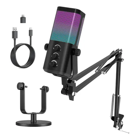Microfone Gamer Pc Com Braço Articulado Condensador Rgb Preto