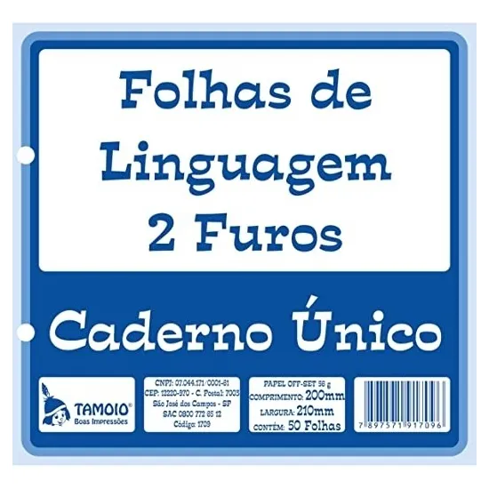 Folha 2 Furos Linguagem P/ Caderno Único C/ 50 Folhas Tamoio