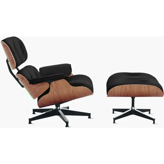 Poltrona Charles Eames Com Puff - Couro Legítimo Preto