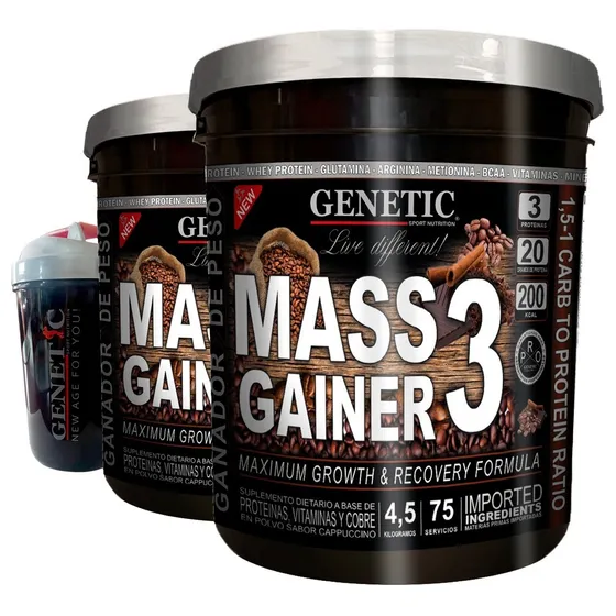 2 Mass Gainer 4.5kg Rápido Aumento Muscular + Shaker Genetic Sabor Cappuccino
