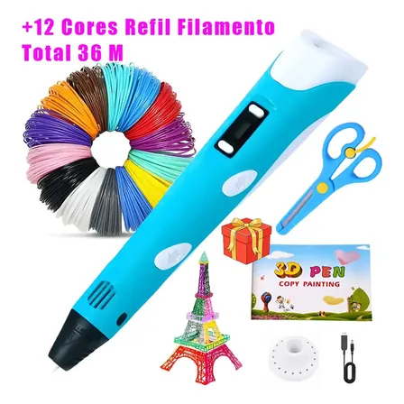 Caneta 3d Impressora Profissional + 12 Cor Refil Filamento 36m + Cabo Usb Caneta 3d Infantil Desenho Portátil 3d Pen Azul 3d Filamento Impressora 3d Caneta 3d Infantil 127/220v