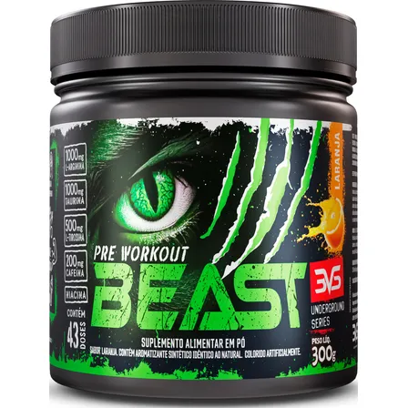 Pré-treino Beast 300g Sabor: Laranja - Ultra Concentrado - Promove Vasodilatação, Recuperação Energética, Aumento De Óxido Nítrico, Desintoxicação E Melhora De Concentração E Foco