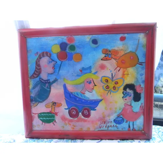 Cuadro Oleo Naif Conocido Pintor Chileno Sergio Vergara Azul Rojo