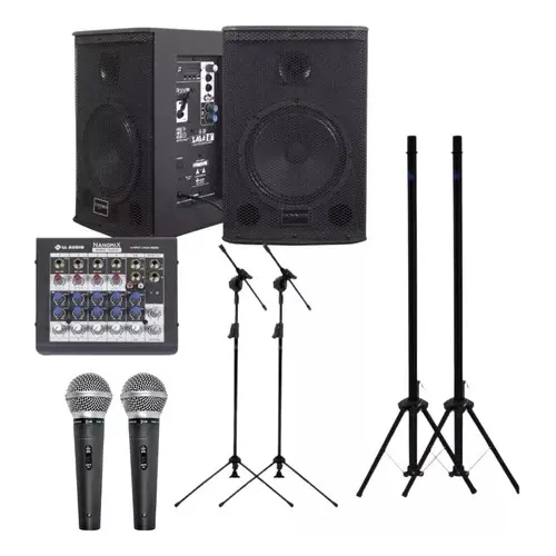 Kit Saga 8 Ativa Passiva Mesa 6 Canais Microfones Pedestais