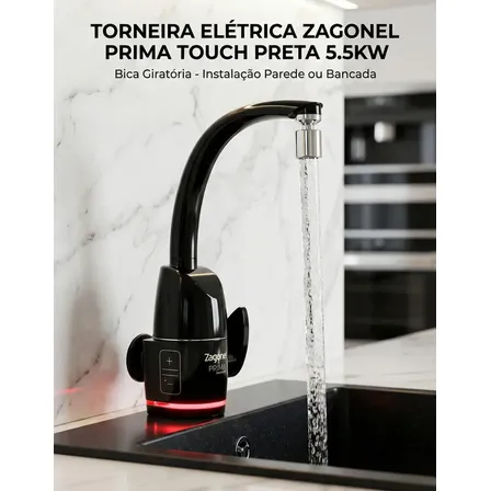 Torneira Elétrica Prima Touch 5.5kw Bancada/parede Preta - Zagonel Preto Plástico 220v 60hz