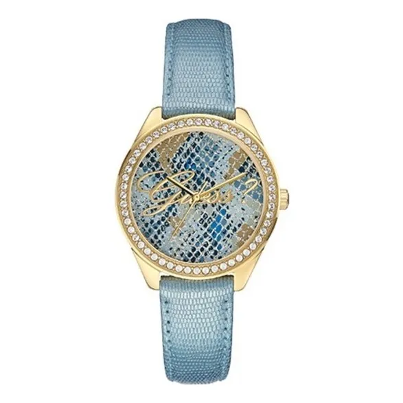 Reloj Pulsera Guess Steel W0612l1 De Cuerpo Color Dorado, Analógica, Para Mujer, Con Correa De Cuero Color, Subesferas Color Celeste Y Hebilla Simple