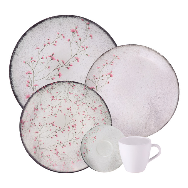 Aparelho De Jantar Tramontina Floralis Porcelana 20 Peças Cinza Florido Aparelho De Jantar Tramontina Floralis Porcelana 20 Peças Cinza Florido