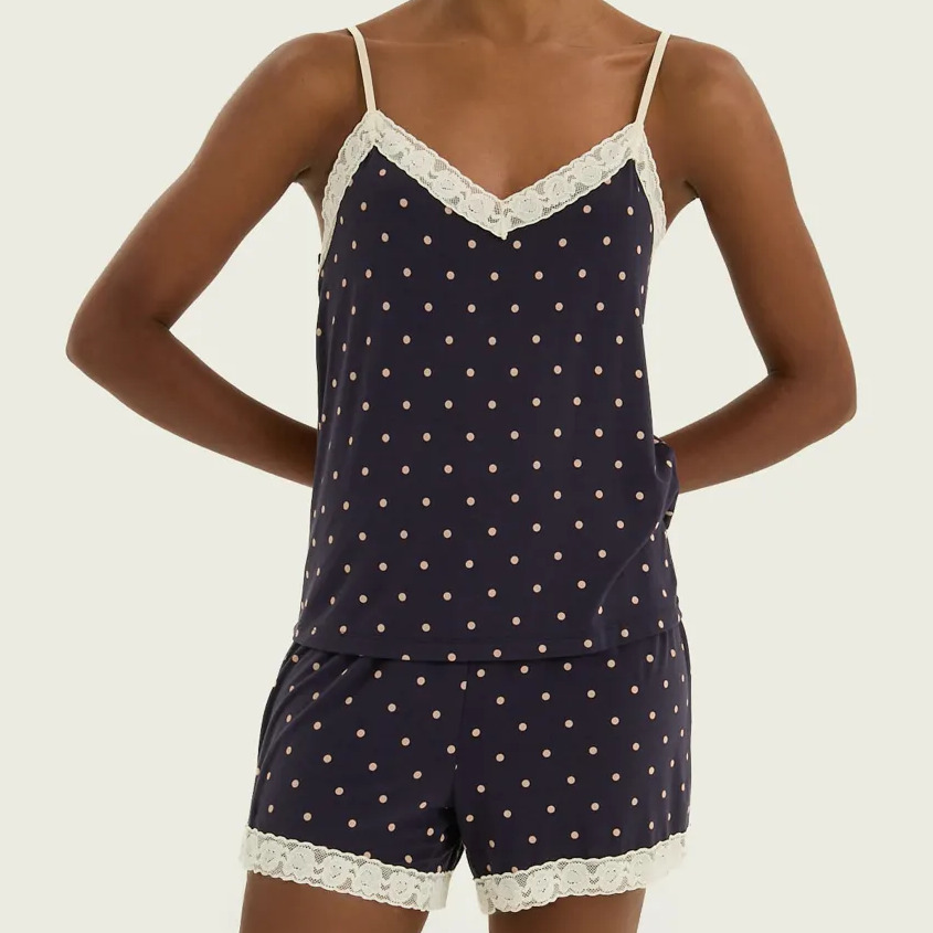 Pijama Curto Feminino Em Viscose Com Renda Hering Azul-marinho M