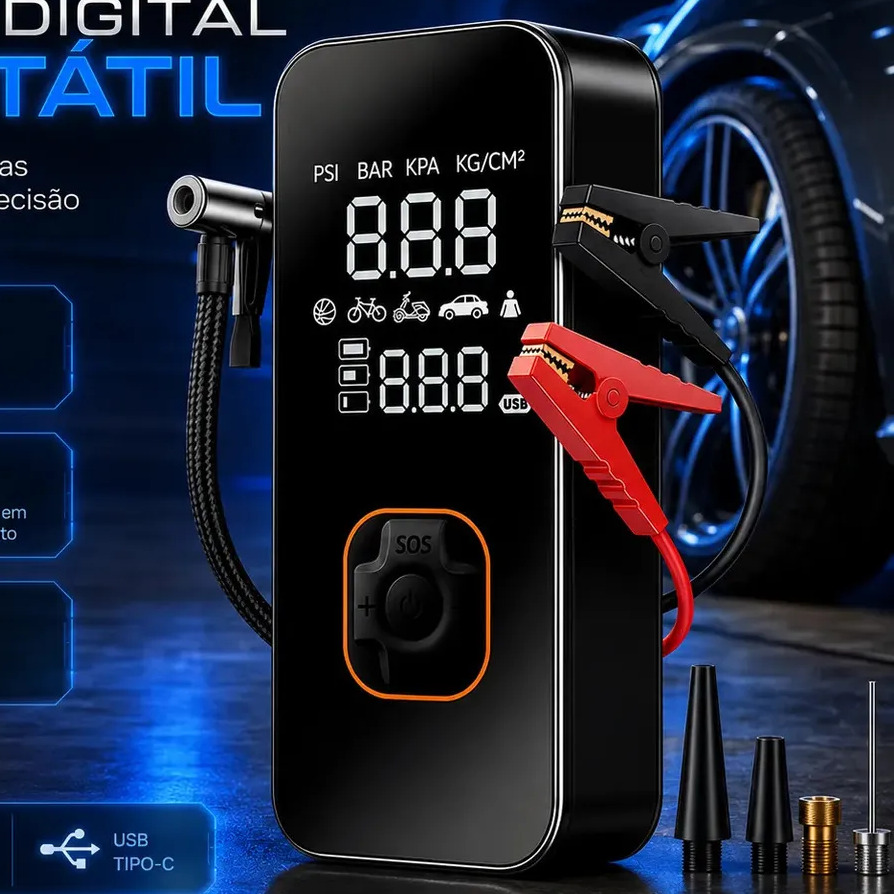 Bomba Elétrica Portátil Digital Para Encher Pneu De Carro Moto Bicicleta Inflador Automotivo Cor Preto Bomba Elétrica Portátil Digital Para Encher Pneu De Carro Moto Bicicleta Inflador Automotivo Cor Preto