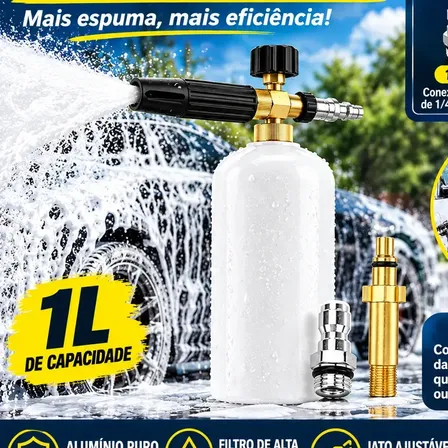 Fallove Pulverizador de Espuma 1L Canhão de Espuma p/ Carros e Motos com 2 Engates: Rápido 1/4" e Longo 14mm, Compatível com Lavadoras de Alta Pressão, Alumínio e Ajuste de Espuma