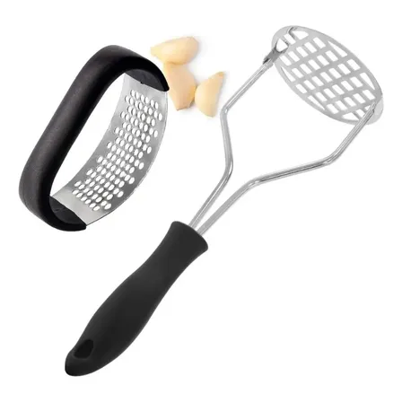 Amassador De Batata Inox E Espremedor Alho Manual Cozinha Preto
